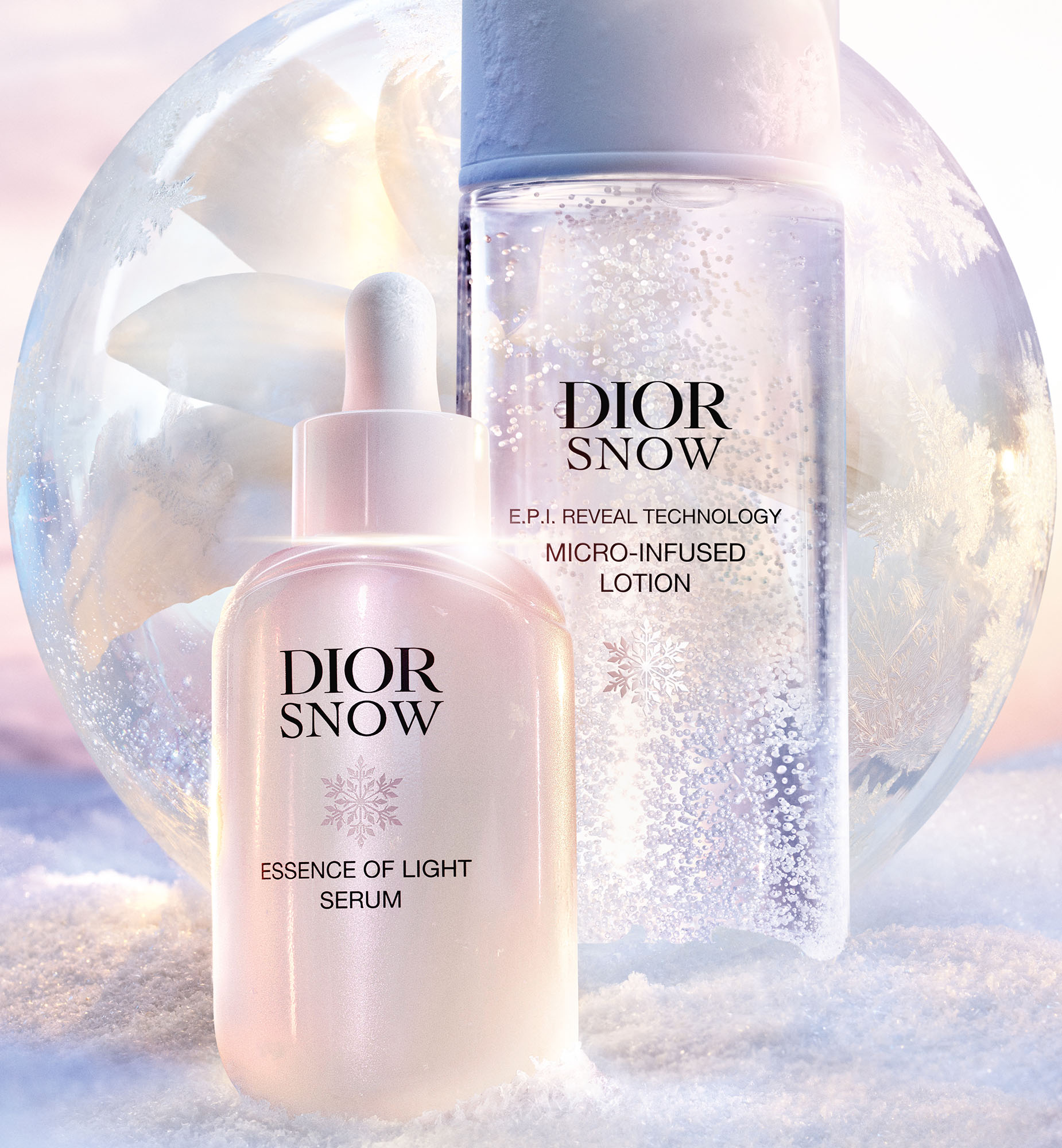 Dior Snow skincare line on a background of frozen edelweiss